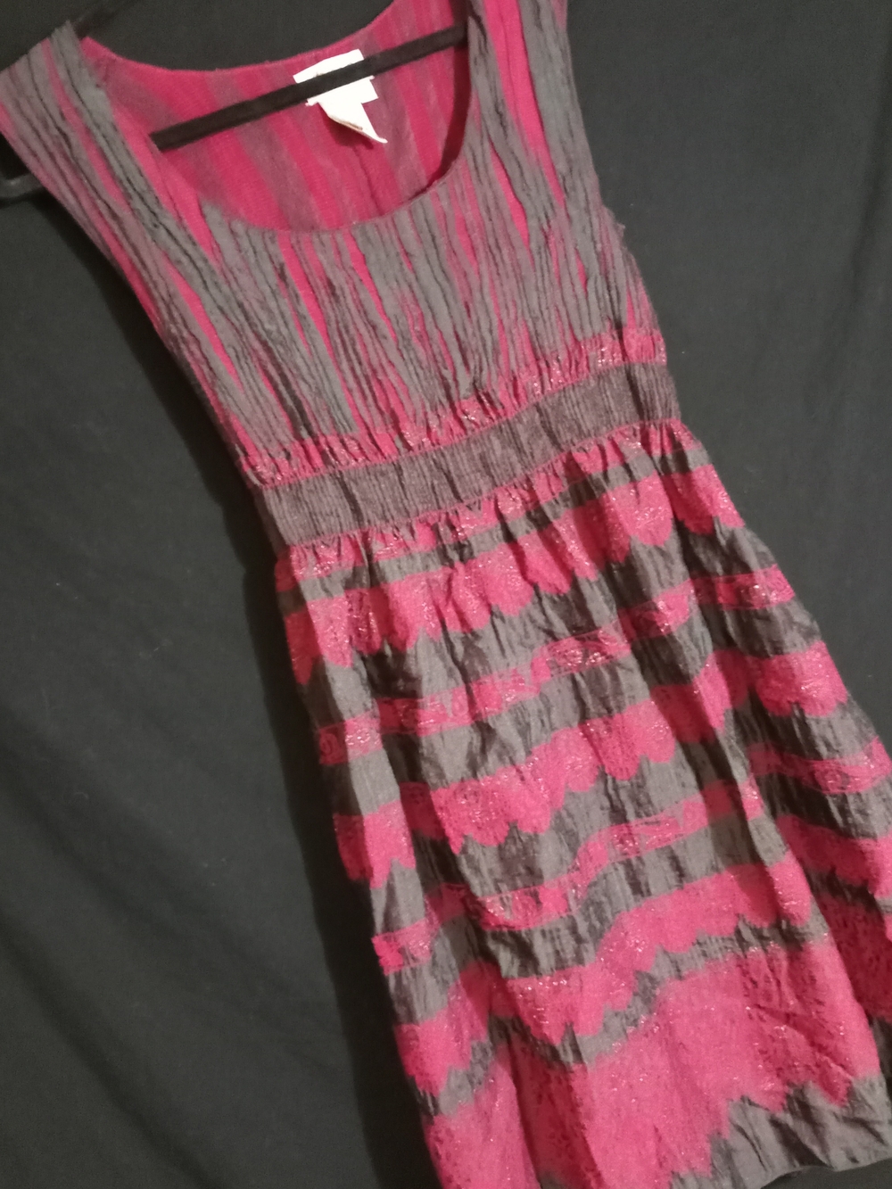 Vintage M.S.S.P. Y2K Crinkle Pleat Striped Dress Fuchsia & Charcoal Gray Medium